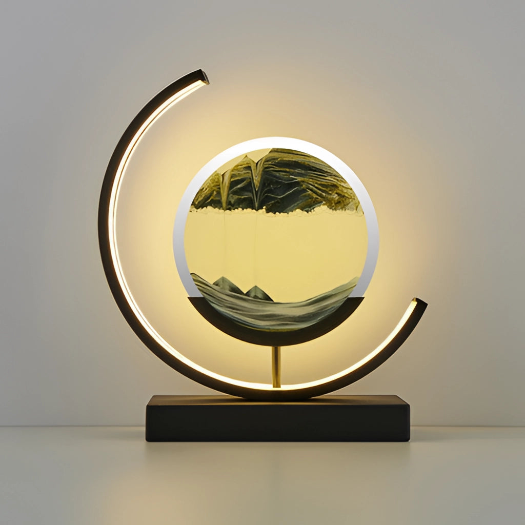 Black Sand Art LED Table Lamp with Dynamic 3D Sand Painting Light, featuring a sleek rectangular design and artistic sand patterns.