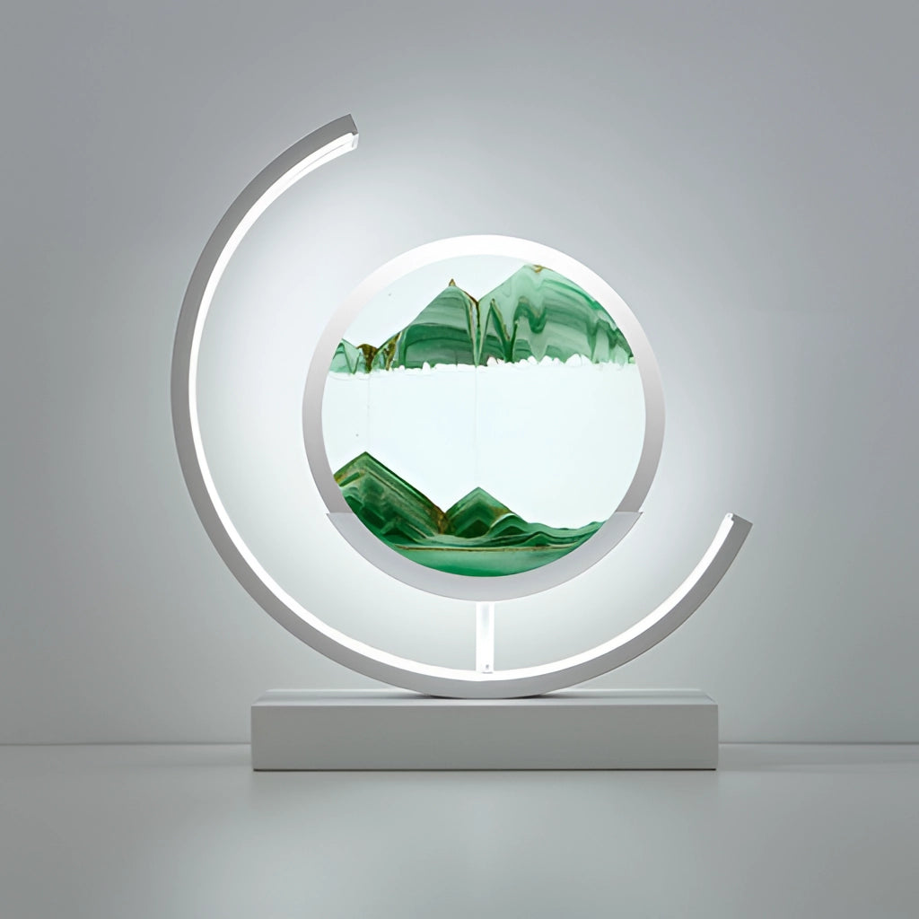 Sand Art LED Table Lamp with Dynamic 3D Sand Painting Light in Green and White, featuring circular design and artistic graphics.