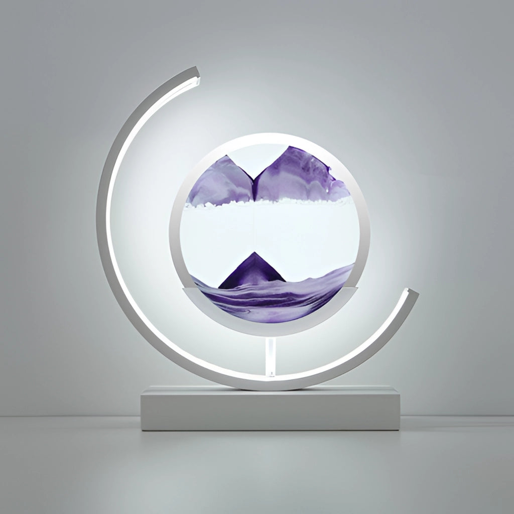 Violet and white Sand Art LED Table Lamp featuring dynamic 3D sand painting light in a circular design.