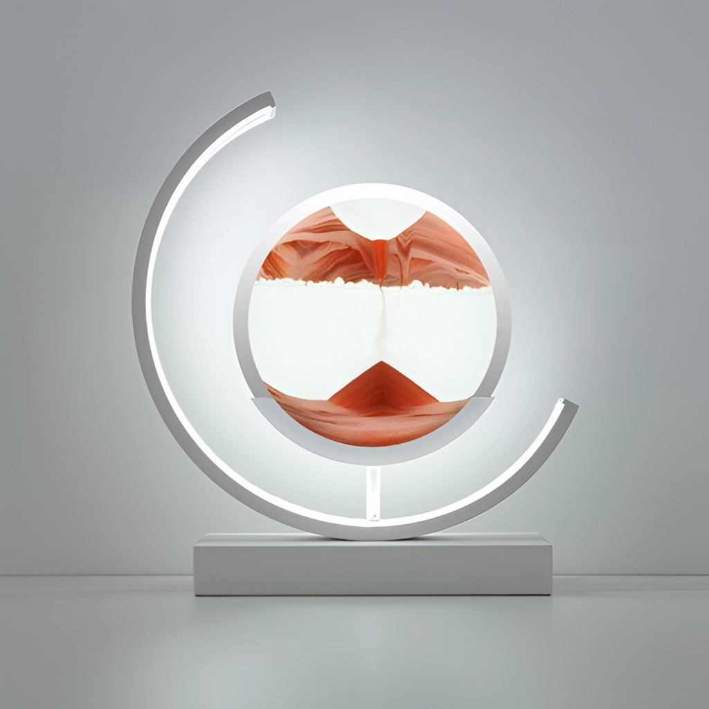 Sand Art LED Table Lamp - Dynamic 3D Sand Painting Light in red and white, featuring intricate circular patterns and artistic designs.