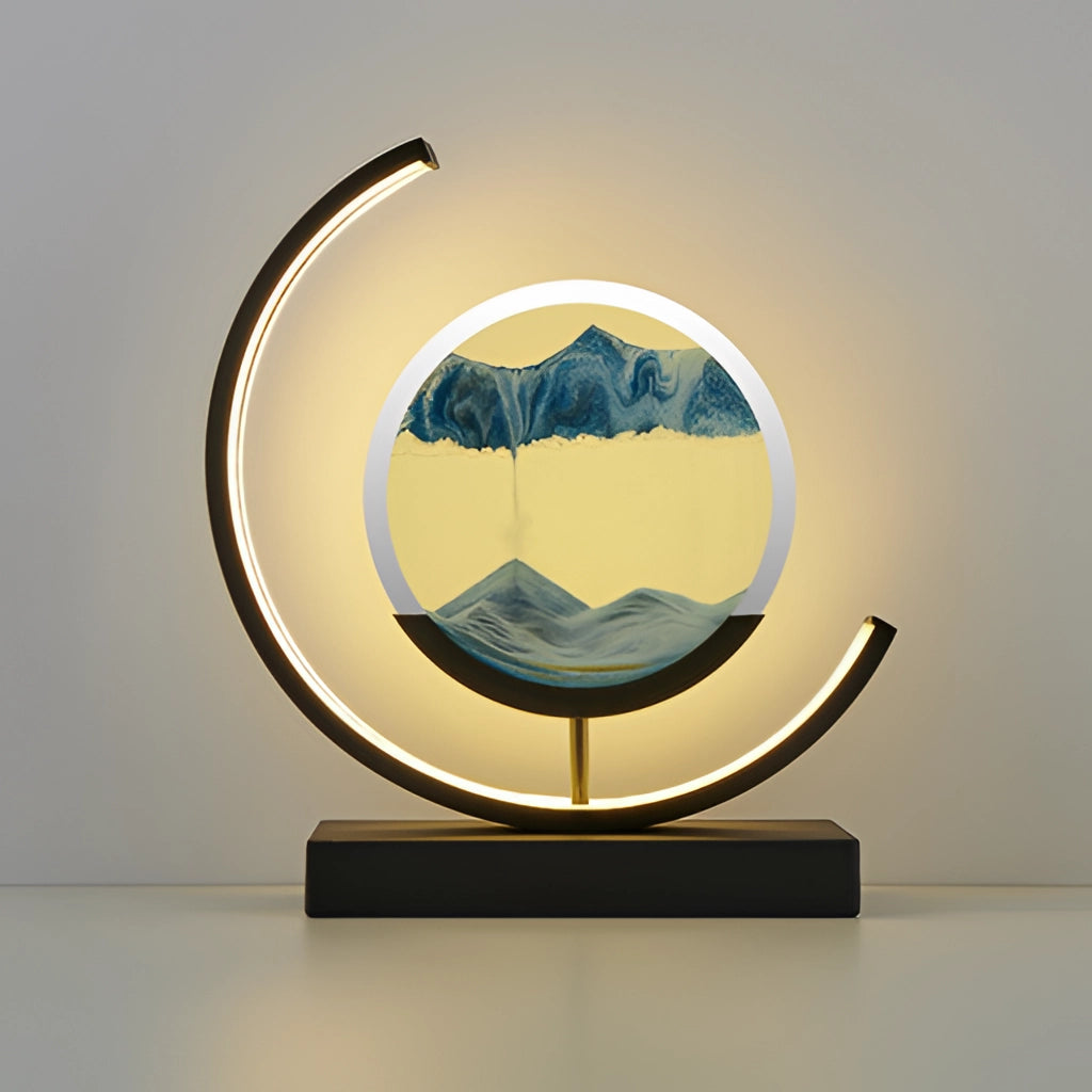 Sand Art LED Table Lamp with dynamic 3D sand painting light in blue and black, featuring intricate sand art design illuminated by LED lighting.