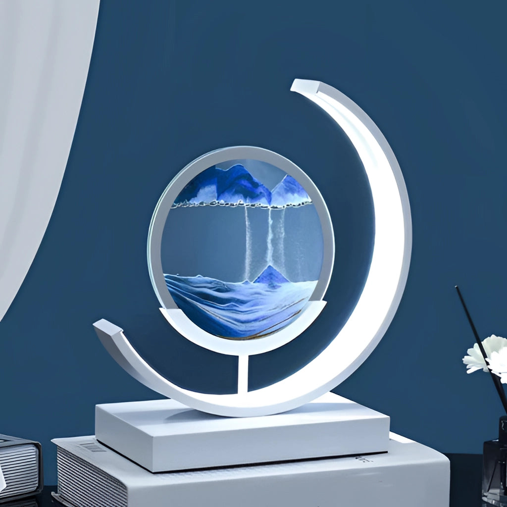 Sand Art LED Table Lamp with Dynamic 3D Sand Painting in Electric Blue, featuring a circular design and modern aesthetics.