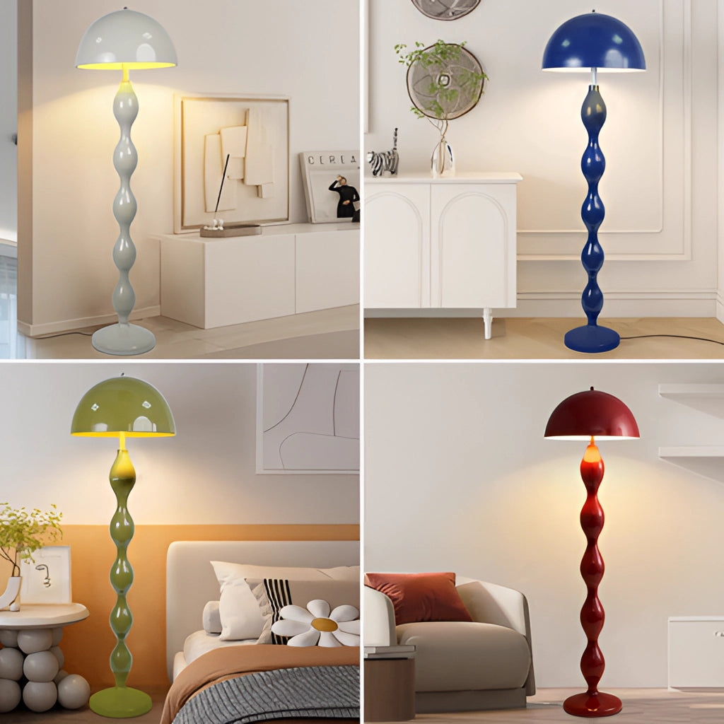 Scandinavian LED floor lamp with adjustable brightness, Nordic style, in a modern interior setting with green and orange accents.