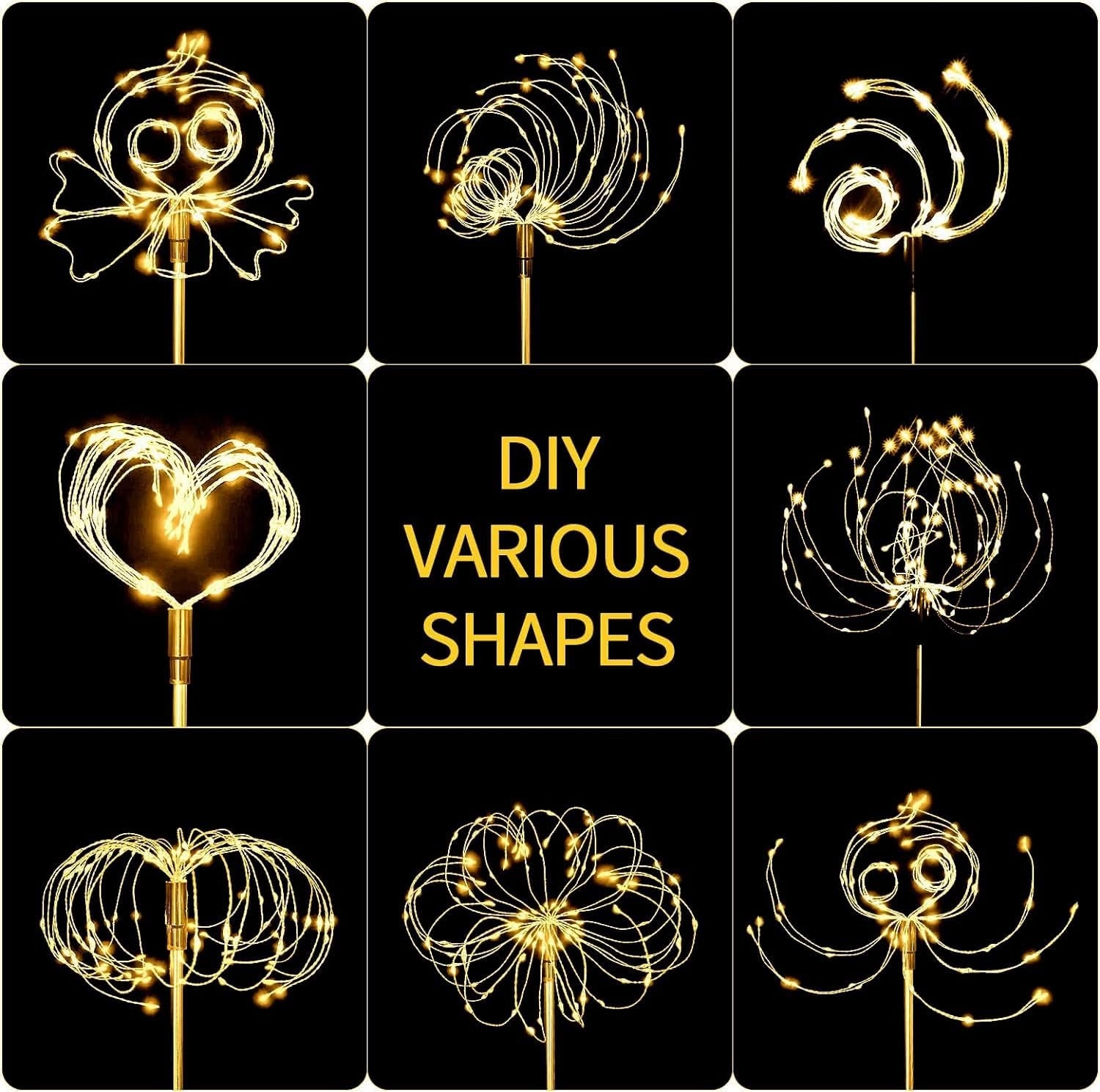 Solar Firework LED String Lights, dual lighting modes, outdoor waterproof, 2 pack illuminated in gold and yellow with symmetrical, circular patterns.