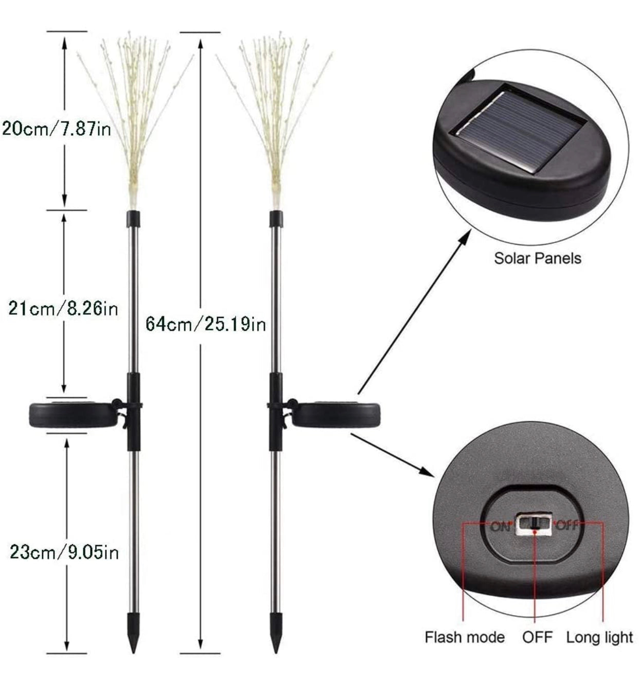 Solar Firework LED String Lights, dual lighting modes, illuminating in a firework pattern, suitable for outdoor use, shown as a 2-pack.