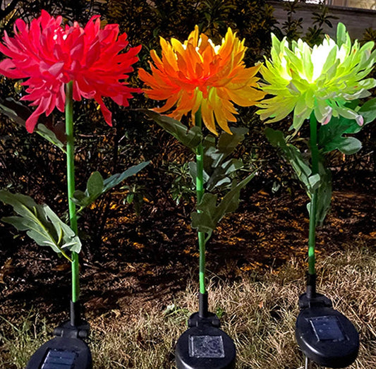 Solar LED Crown Imperial Flower Lights illuminating a vibrant green crown imperial flower with detailed petals and lush foliage.