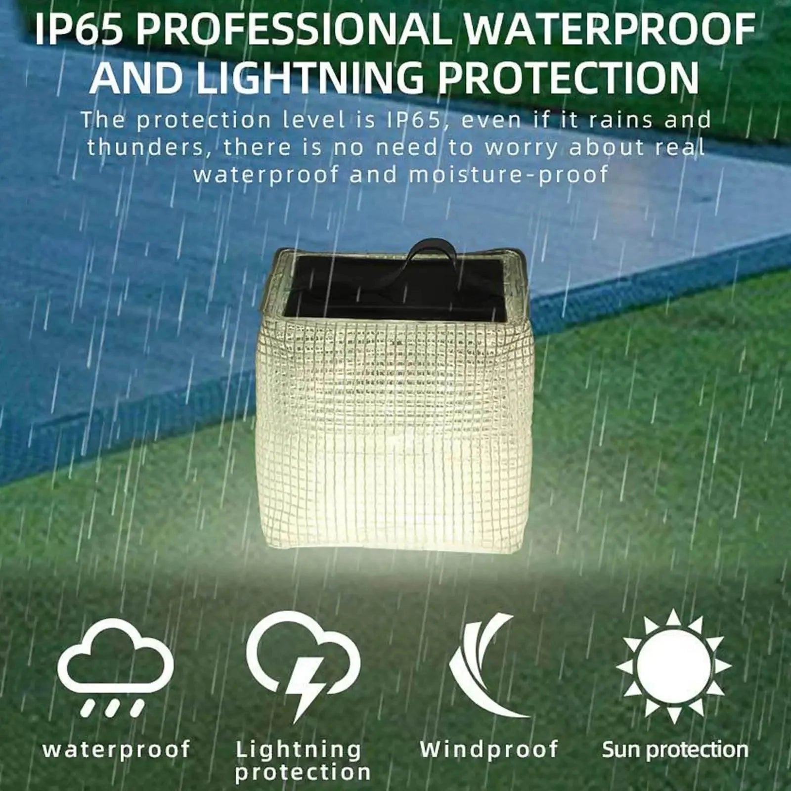 Portable Solar Outdoor Light with RGB/White Color, IP65 Waterproof, Long Battery Life, placed on grass, with a sleek rectangular design and visible logo.