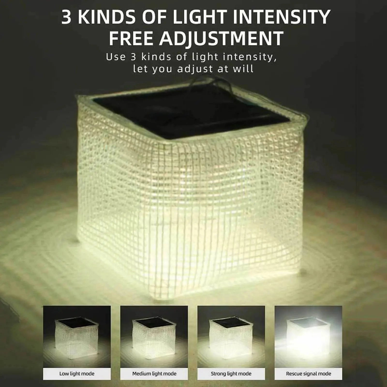 Portable lightweight solar outdoor light with IP65 waterproof rating, featuring RGB and white color options and long battery life, rectangular shaped with metal and circular elements.