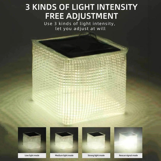 Portable lightweight solar outdoor light with IP65 waterproof rating, featuring RGB and white color options and long battery life, rectangular shaped with metal and circular elements.