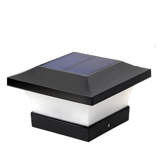 Solar post cap light with a rectangular design, showcasing dual color options in warm white (3000K) and cool white (6000K) light, suitable for outdoor fences, waterproof (IP65), solar-powered LED technology.