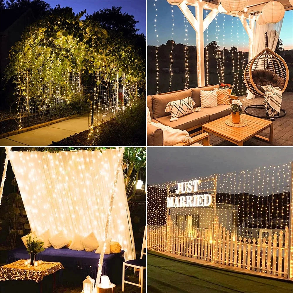 Solar string light curtain with RGB and white LED lights illuminating outdoor area, IP65 waterproof, hanging among plants and trees, suitable for outdoor spaces with long battery life.