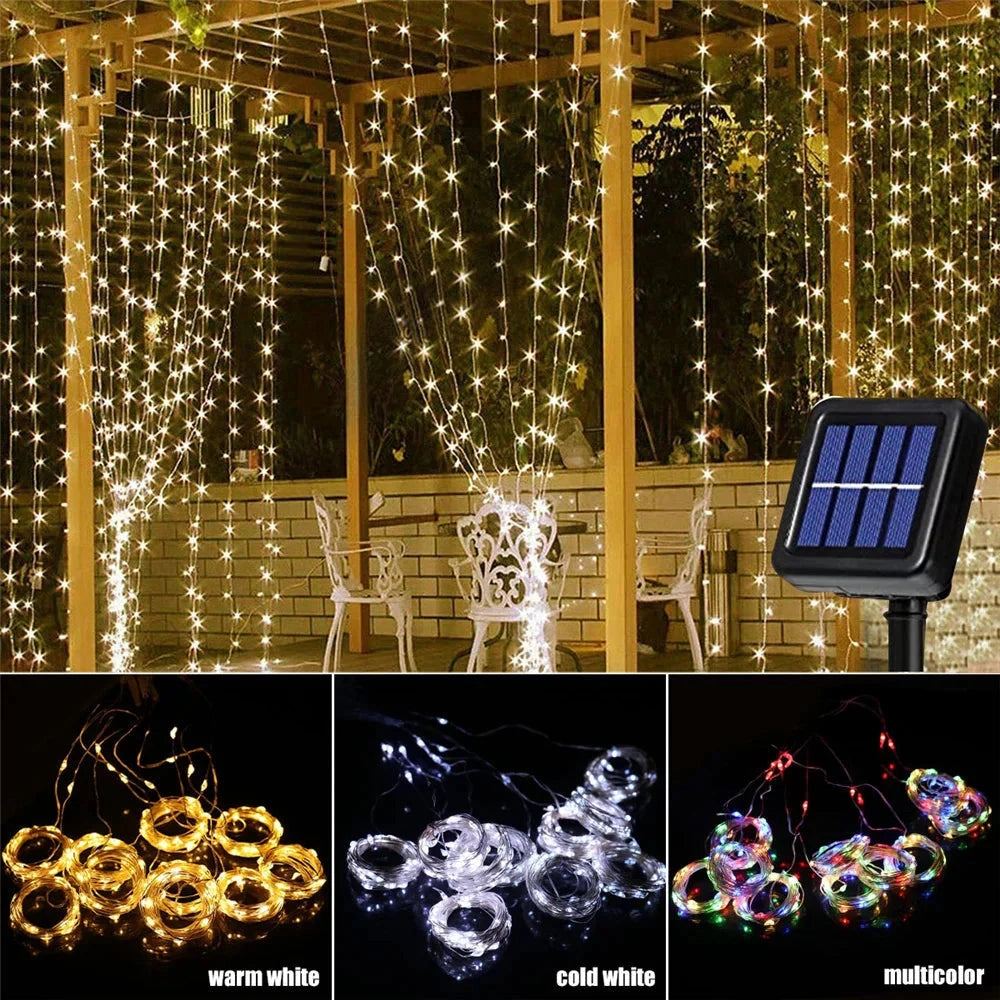 Outdoor Solar String Light Curtain with RGB and White LEDs, IP65 Waterproof, Long Battery Life, Ideal for Christmas Decorations and Ambient Lighting
