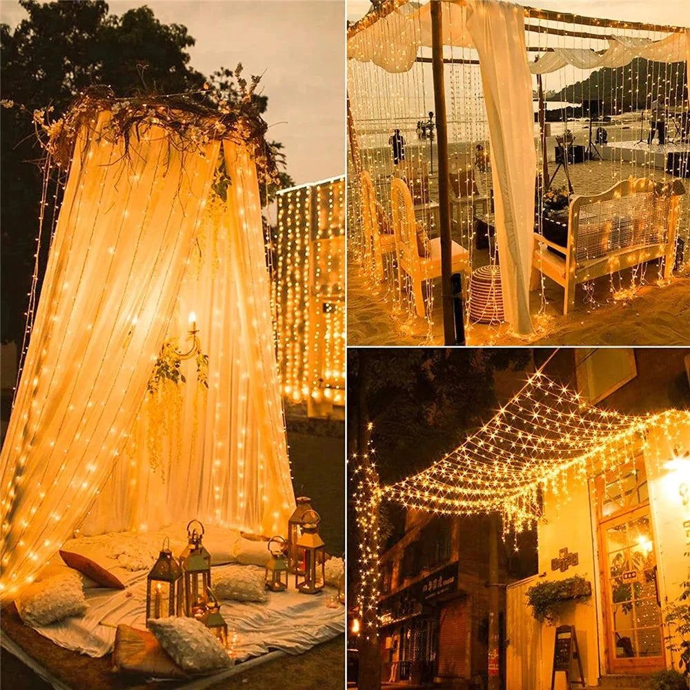 Outdoor Solar String Light Curtain with RGB and White LEDs, IP65 Waterproof, Hanging on a Facade at Night, Creating a Festive and Decorative Atmosphere