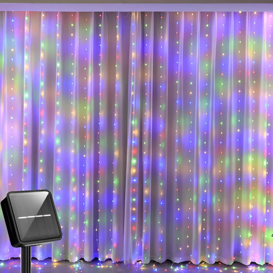 Outdoor solar string light curtain in RGB colors, 9ft x 9ft with 300 LEDs, IP65 waterproof, displaying a mix of purple, violet, electric blue, and magenta hues, suitable for event decoration.