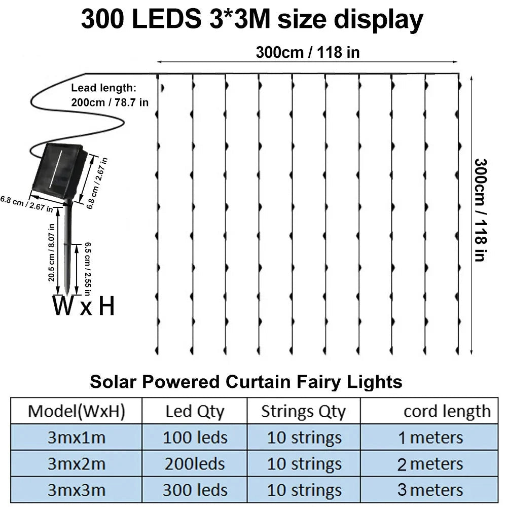Outdoor Solar String Light Curtain with RGB and White LED lights, IP65 waterproof, displayed in a rectangular pattern.