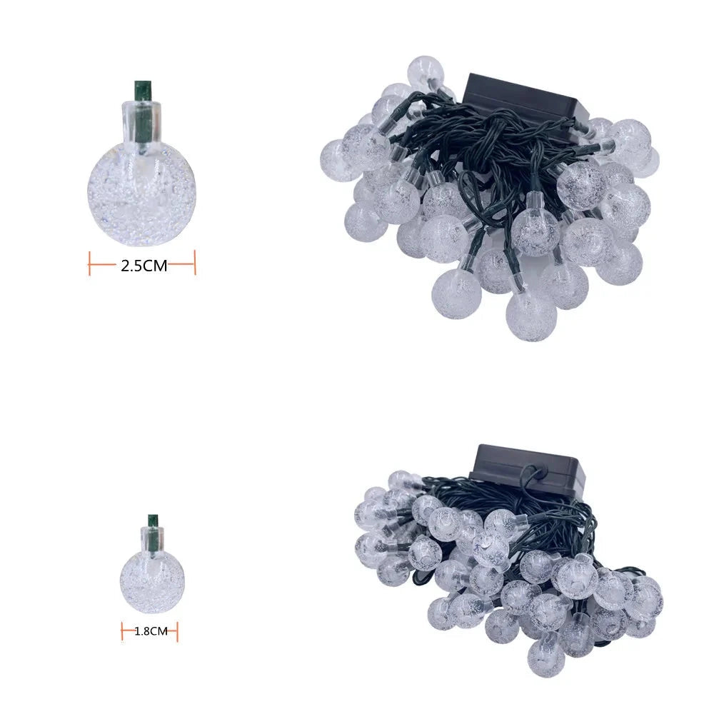 Solar string lights with IP65 waterproof RGB and white LEDs, featuring a long battery life, displayed outdoors illuminating plants.