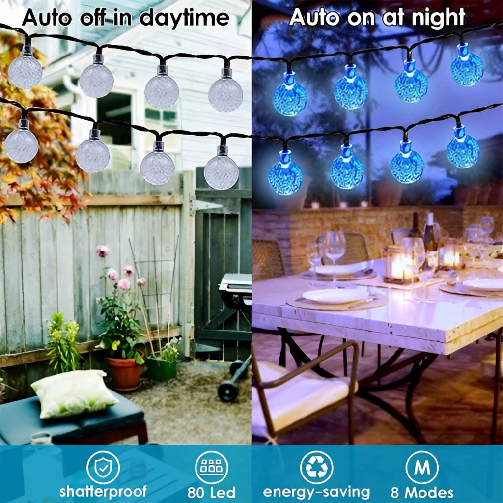 Outdoor setting decorated with Solar String Lights featuring LED bulbs in RGB and white colors, waterproof IP65 rating, illuminating a garden area with plants, a table, and outdoor furniture.