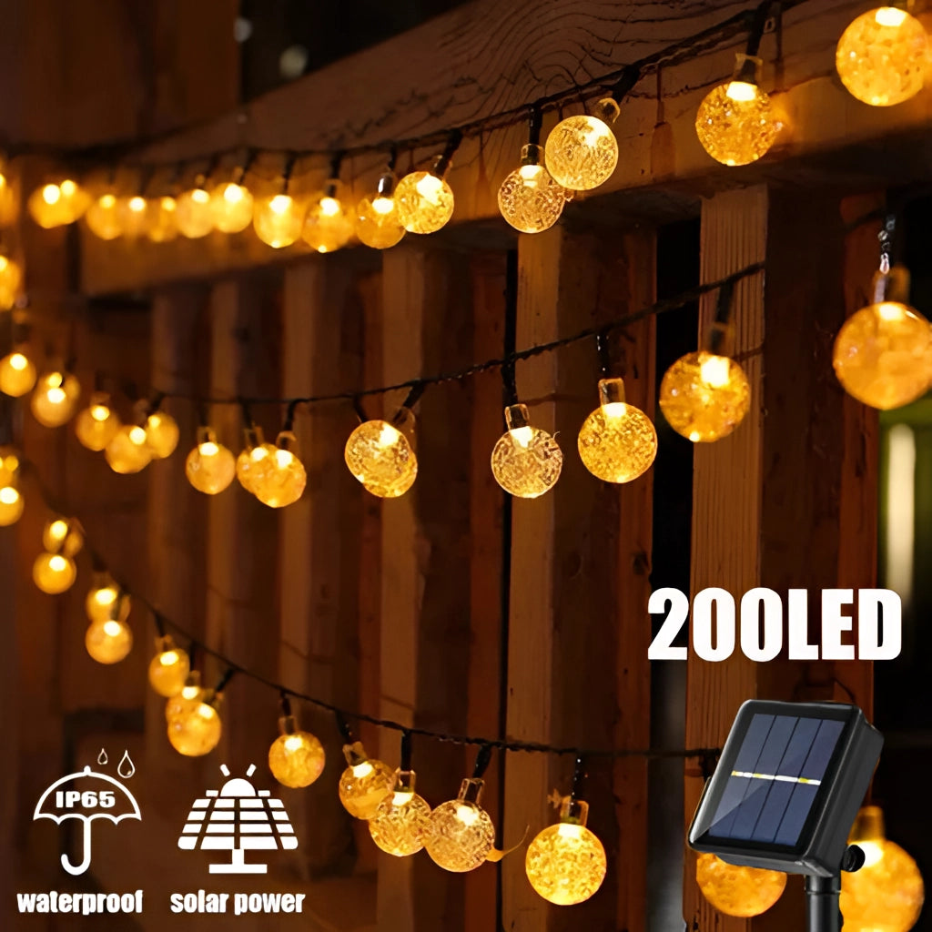 Outdoor LED solar string lights with RGB and white color options, IP65 waterproof, featuring amber and gold hues, arranged in circular decorative patterns.