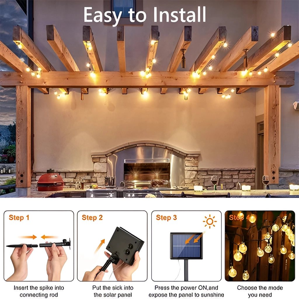 Outdoor solar string lights with LED bulbs, IP65 waterproof, featuring RGB and white color options, hanging as decoration.