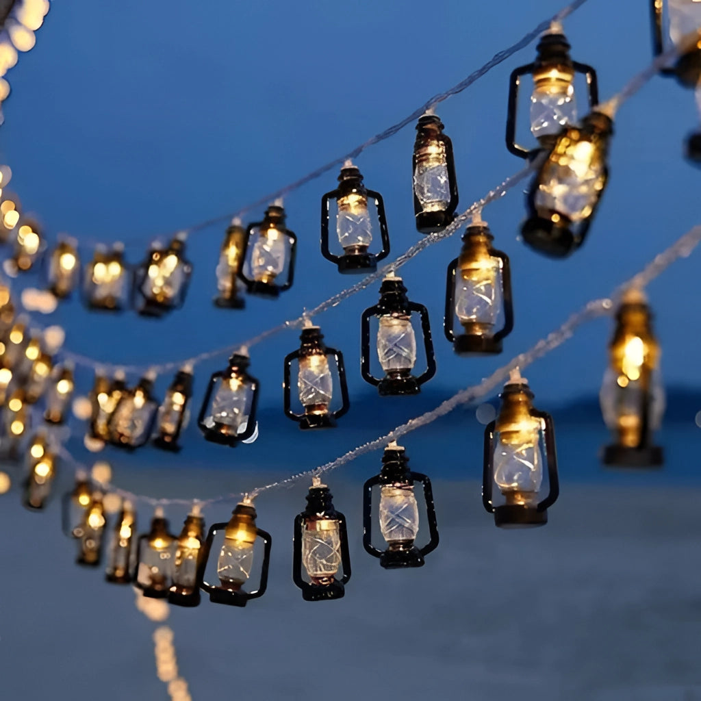 Solar String Lights illuminating outdoor space, featuring LED lanterns with RGB and white color options, and IP65 waterproof rating.