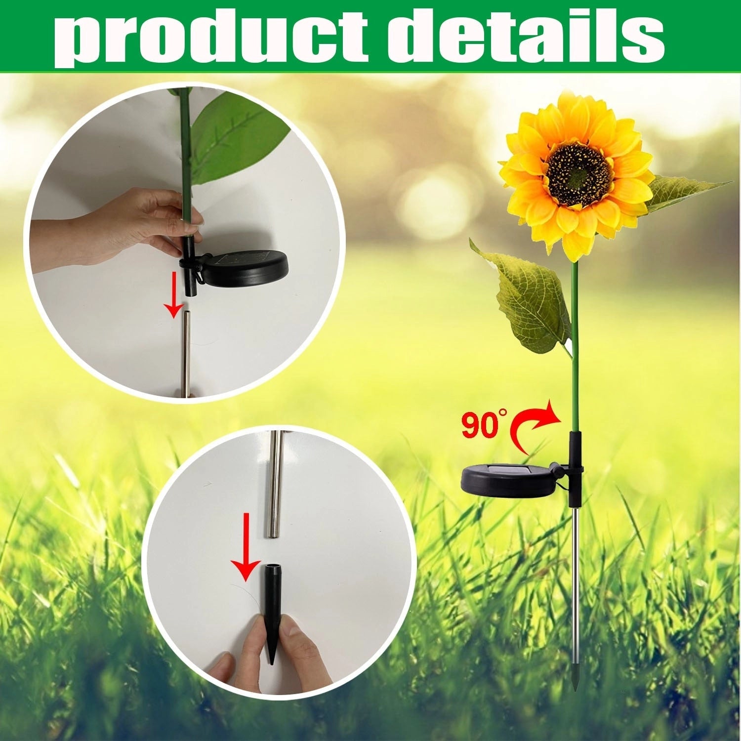 A pack of four solar-powered sunflower garden lights placed in a lush, green garden with grass and natural landscape in the background.