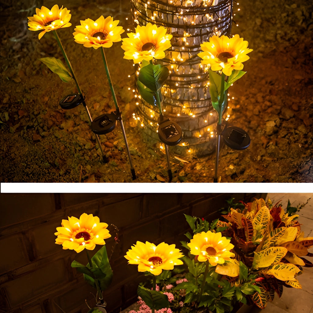 Solar Sunflower Garden Lights Pack of 4 featuring yellow petals, resembling sunflowers, and designed to enhance garden aesthetics with a natural, botanical look.