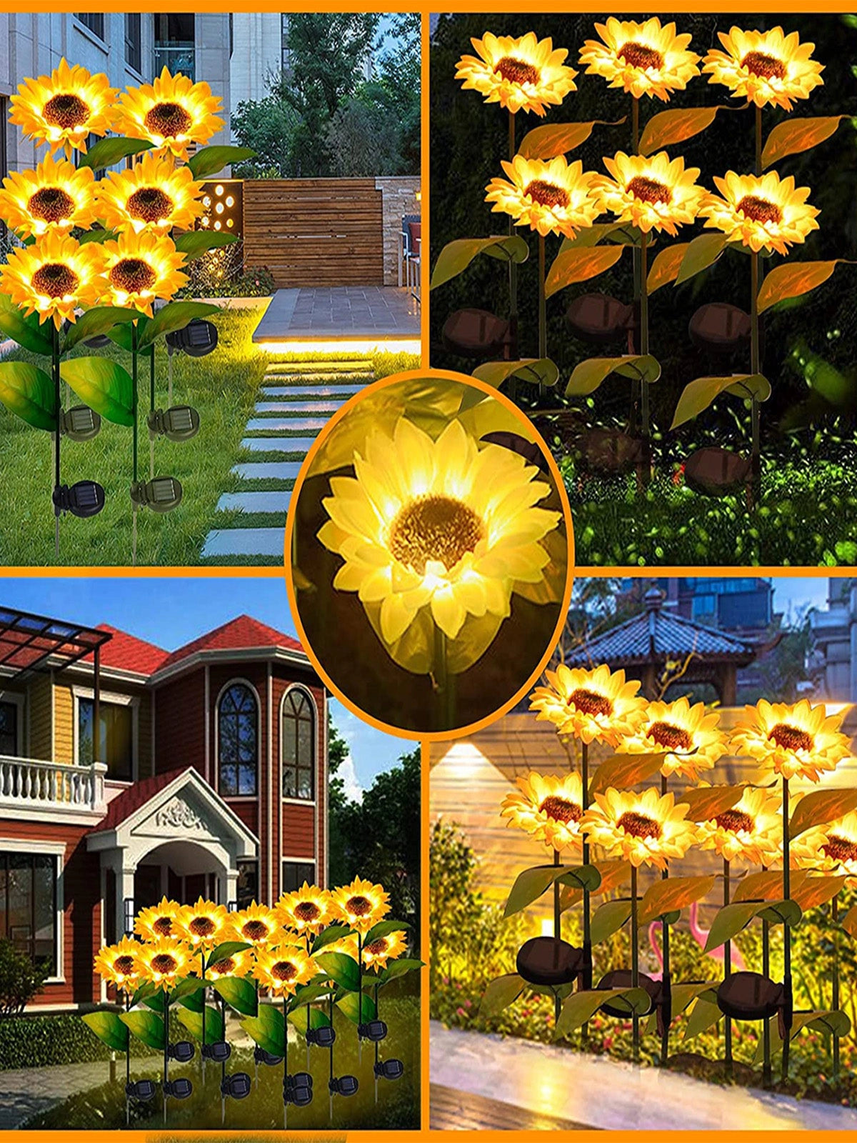 Pack of 4 Solar Sunflower Garden Lights featuring yellow petals, green leaves, and realistic flower design, illuminating gardens and outdoor spaces.