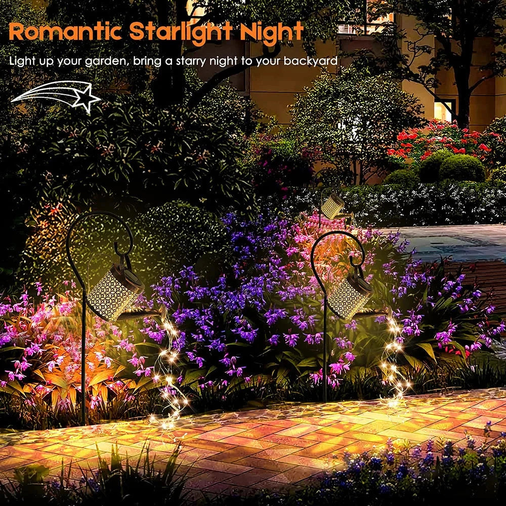 Solar Watering Can Light illuminating a garden with vibrant RGB and white LEDs, surrounded by flowers and plants in a natural landscape.