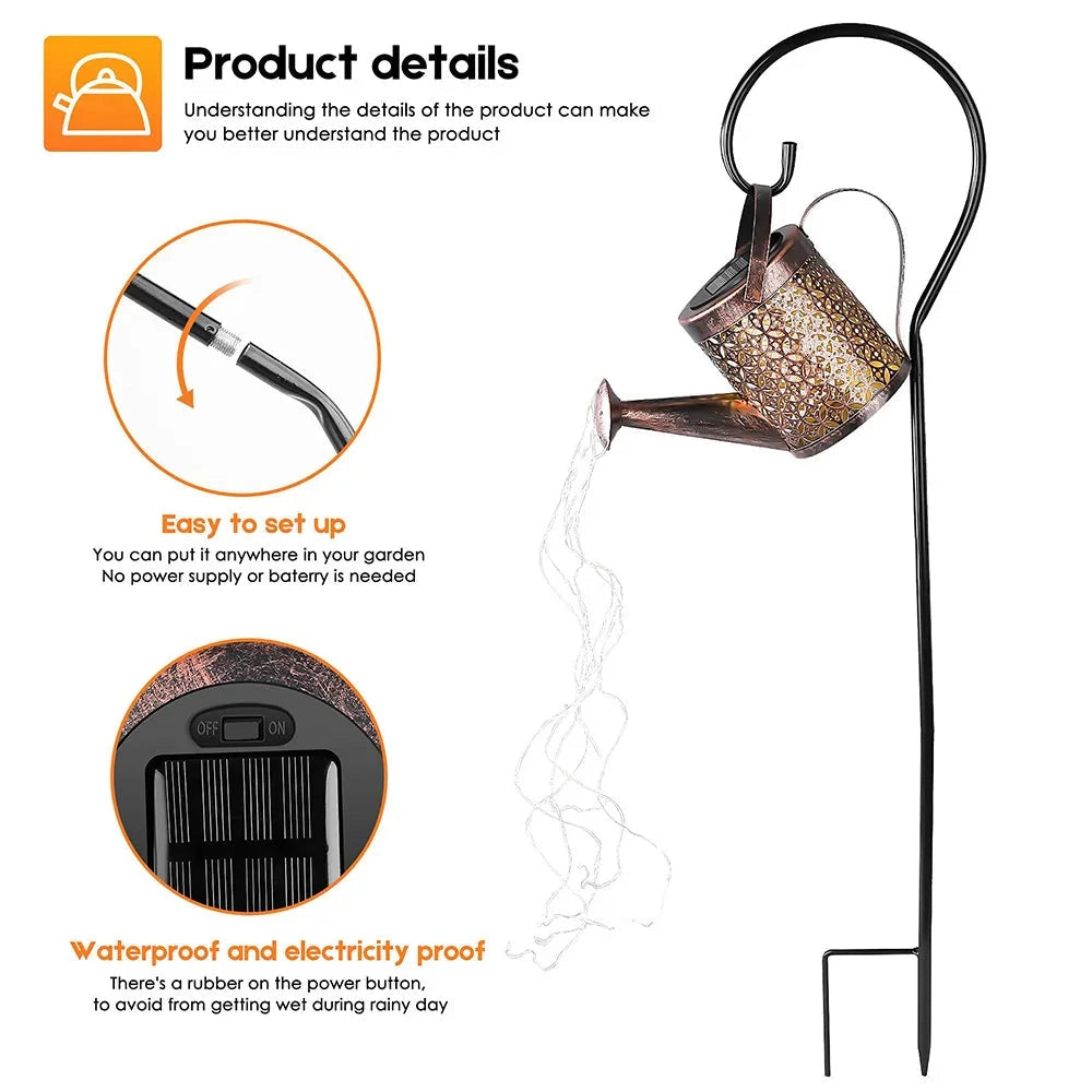 Solar Watering Can Light with RGB/White LED, IP65 Waterproof, and Long Battery Life, featuring metal construction with a whimsical design.