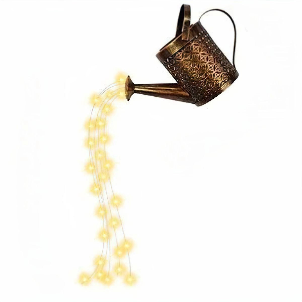 Solar watering can light with RGB/white LED lights, IP65 waterproof, long battery life, without pole, featuring metal construction and light fixture.