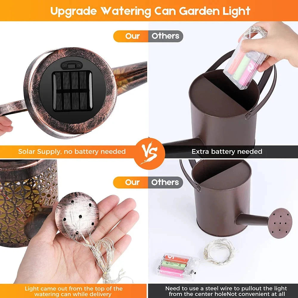 Solar Watering Can Light with RGB/White LED, IP65 Waterproof, Long Battery Life, displayed on a garden path at night, emitting colorful lights.