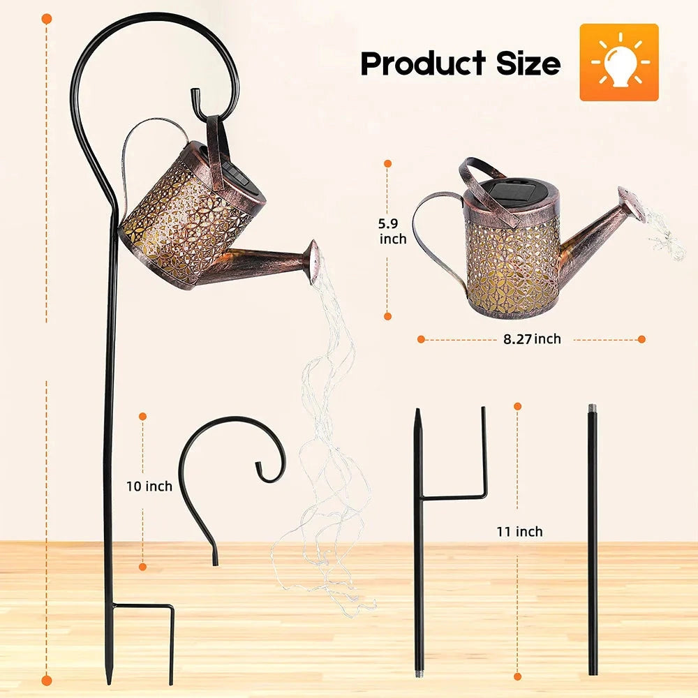 Solar Watering Can Light with RGB/White LED, placed on a wooden surface, showcasing its artistic design and durable build suitable for outdoor use.