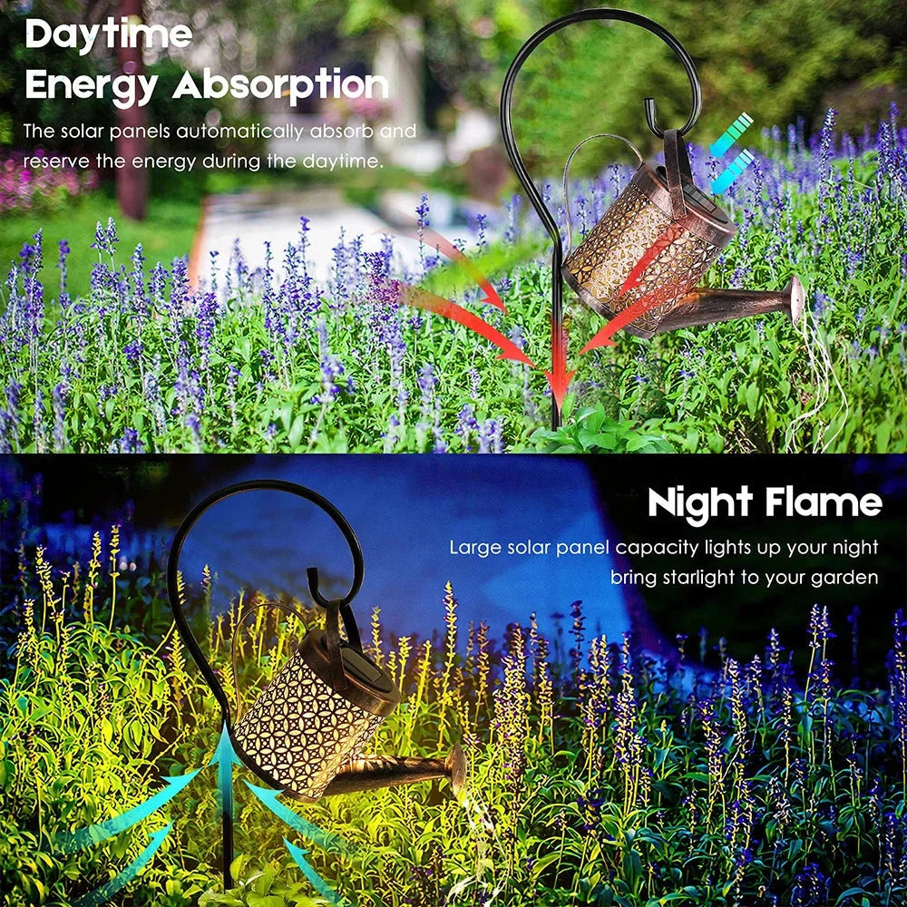 Solar watering can light with RGB and white LED, IP65 waterproof, long battery life, placed among green plants in a natural outdoor setting.