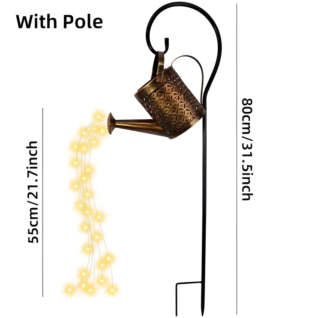Solar Watering Can Light with RGB/White LED, IP65 Waterproof, Long Battery Life, metal construction, decorative outdoor lighting.