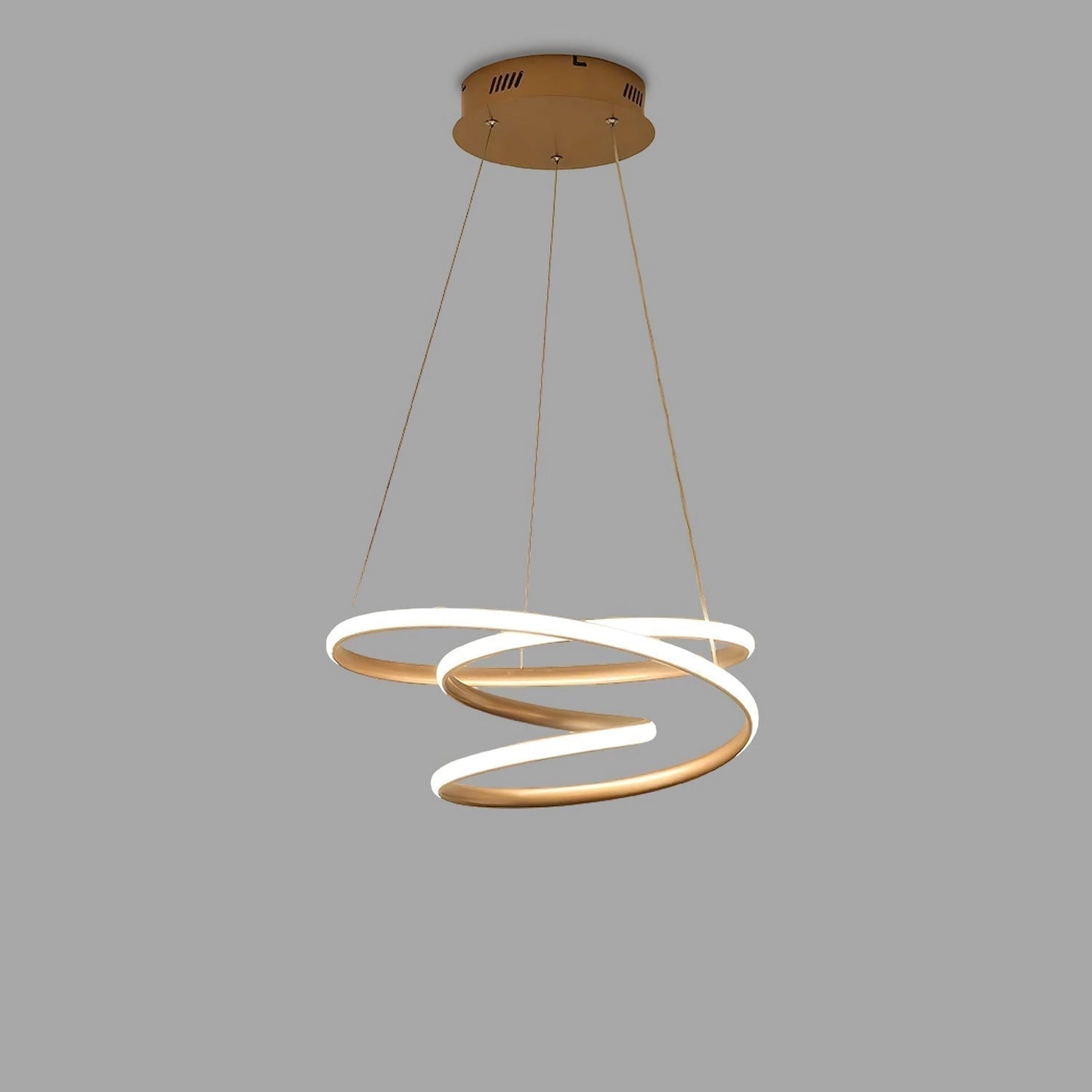Elegant gold spiral pendant light with cool illumination, modern aluminum design, hanging from ceiling.