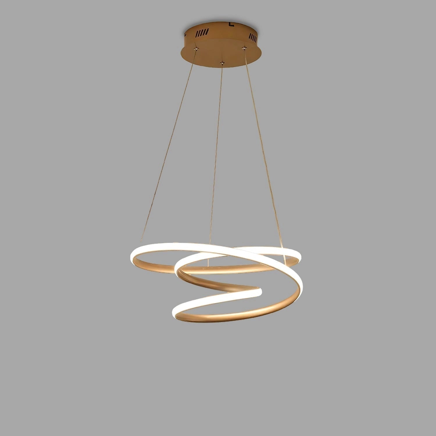 Elegant gold spiral pendant light with cool illumination, modern aluminum design, hanging from ceiling.