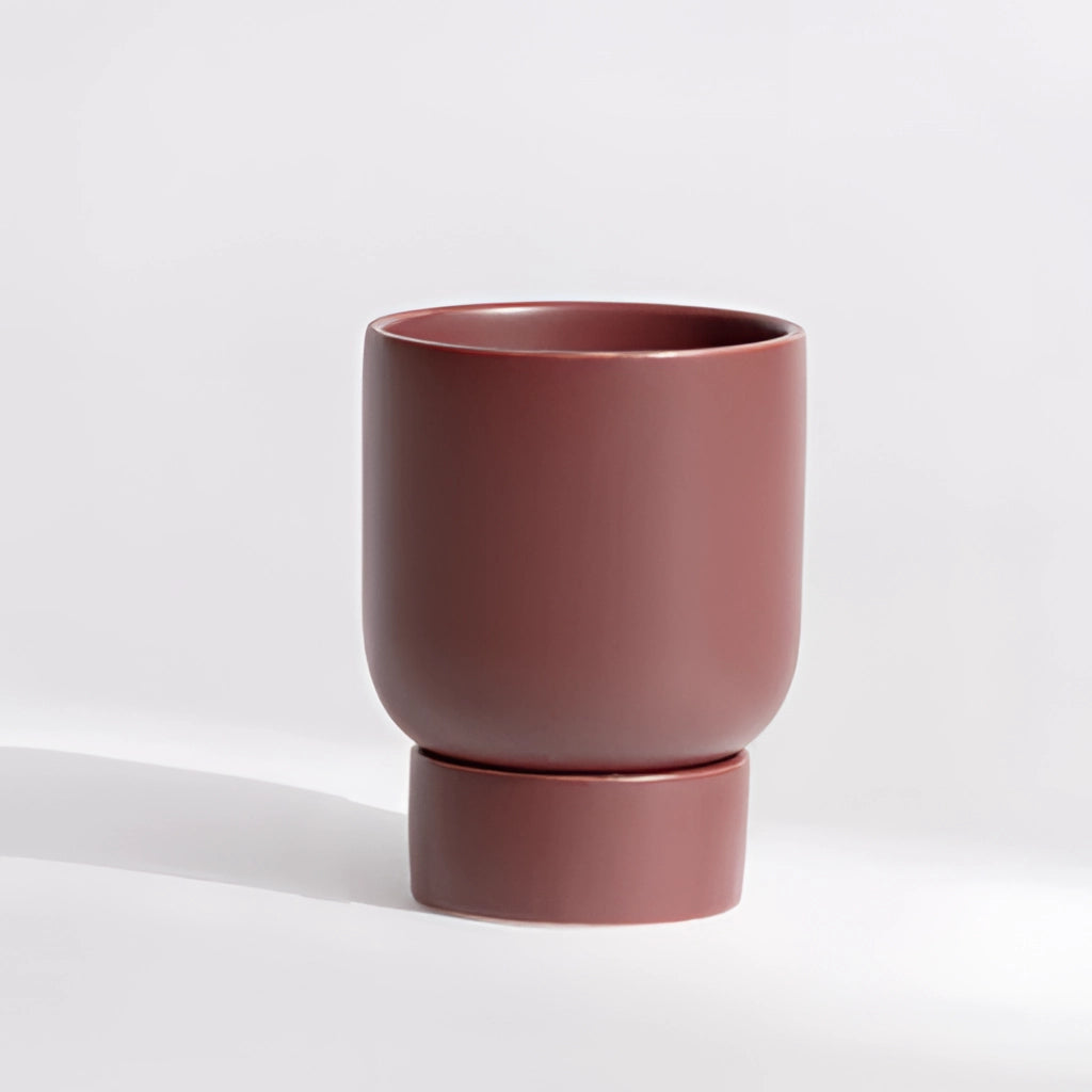 Dark red small ceramic flower pot with a stacked design, suitable for garden and bonsai use.