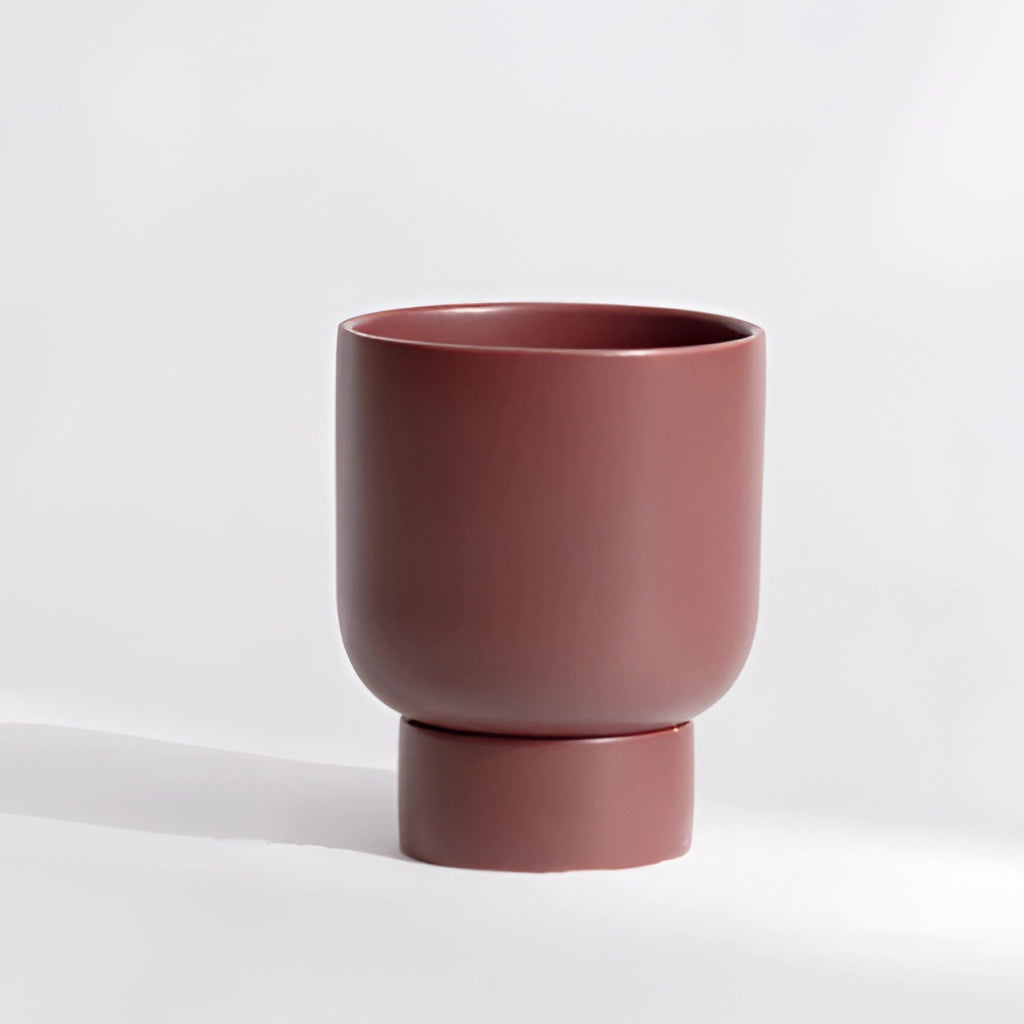 Dark red large ceramic vase for garden and bonsai, shaped like stacked flower pots.