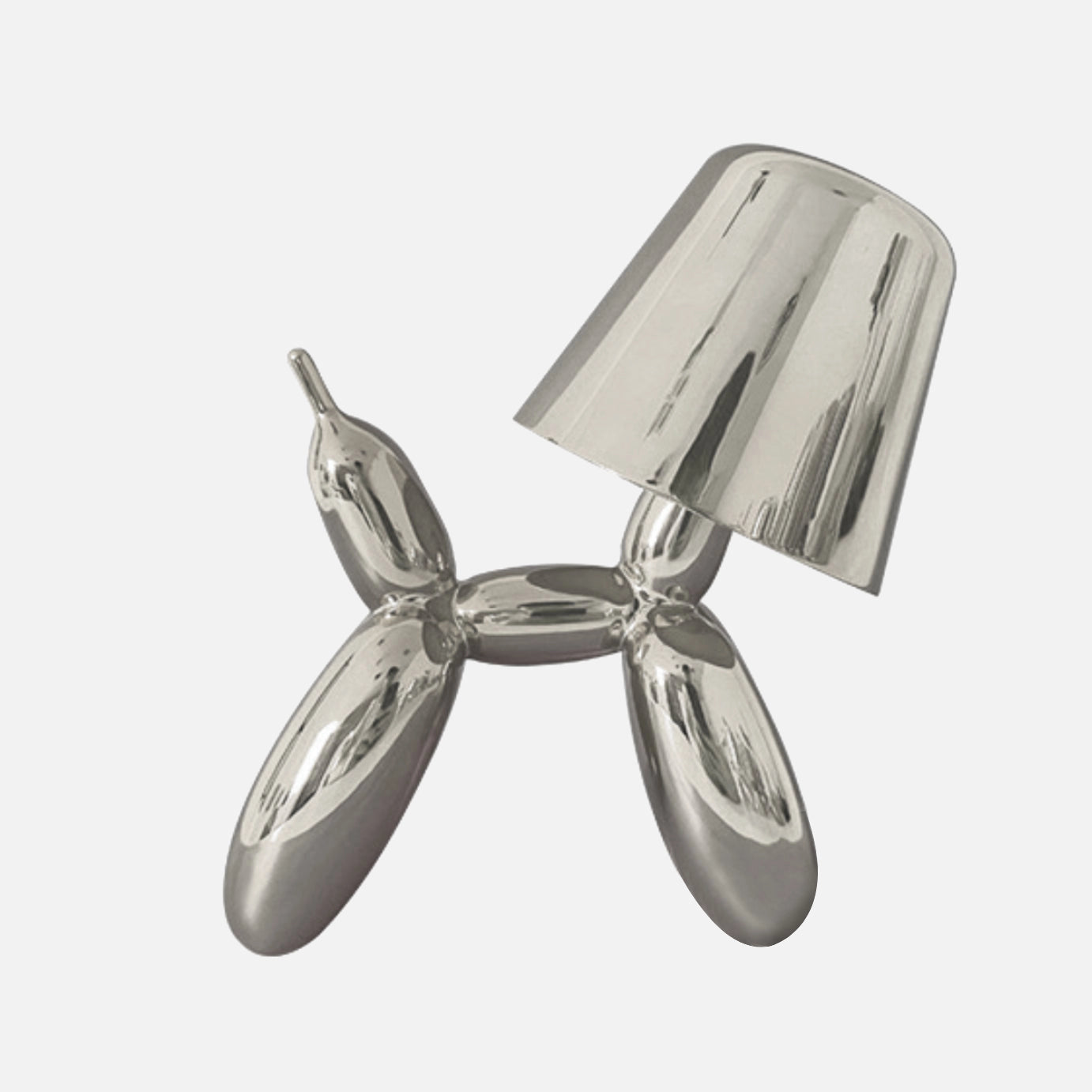 A silver table lamp with a dimmable, touch-sensitive crystal base featuring a balloon dog design.