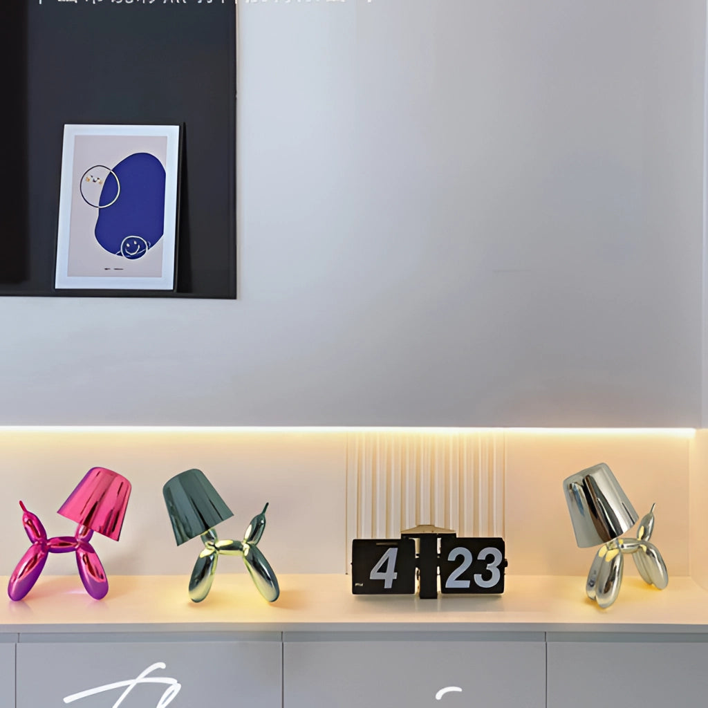 A touch-sensitive dimmable table lamp with a crystal base and a balloon dog design.