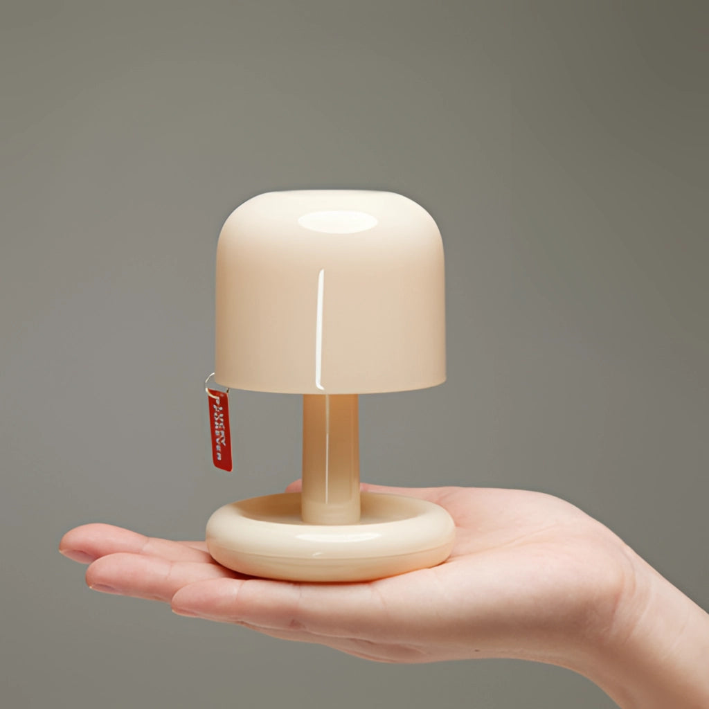 Ivory table lamp with touch switch and dimmable feature, shown with a human hand demonstrating the touch functionality.