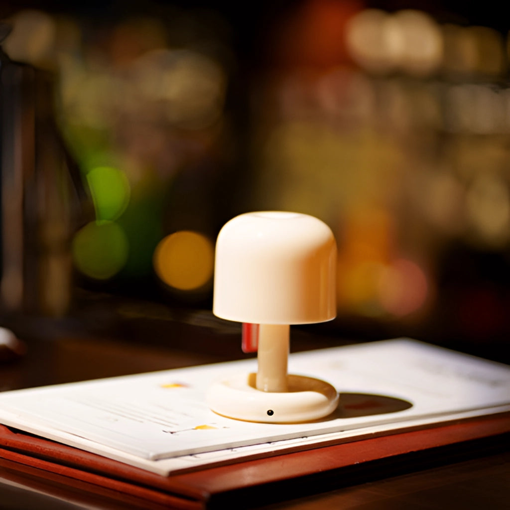 Ivory dimmable table lamp with touch switch on a wooden base.