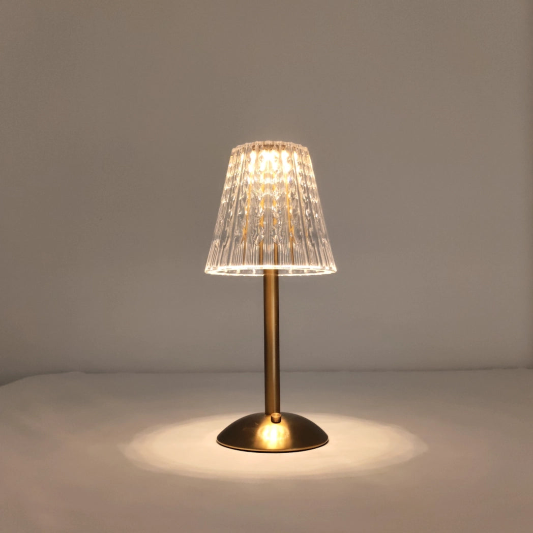 Table Lamp Tricolor Dimmable Cordless LED with wooden base and glass lampshade on a table.