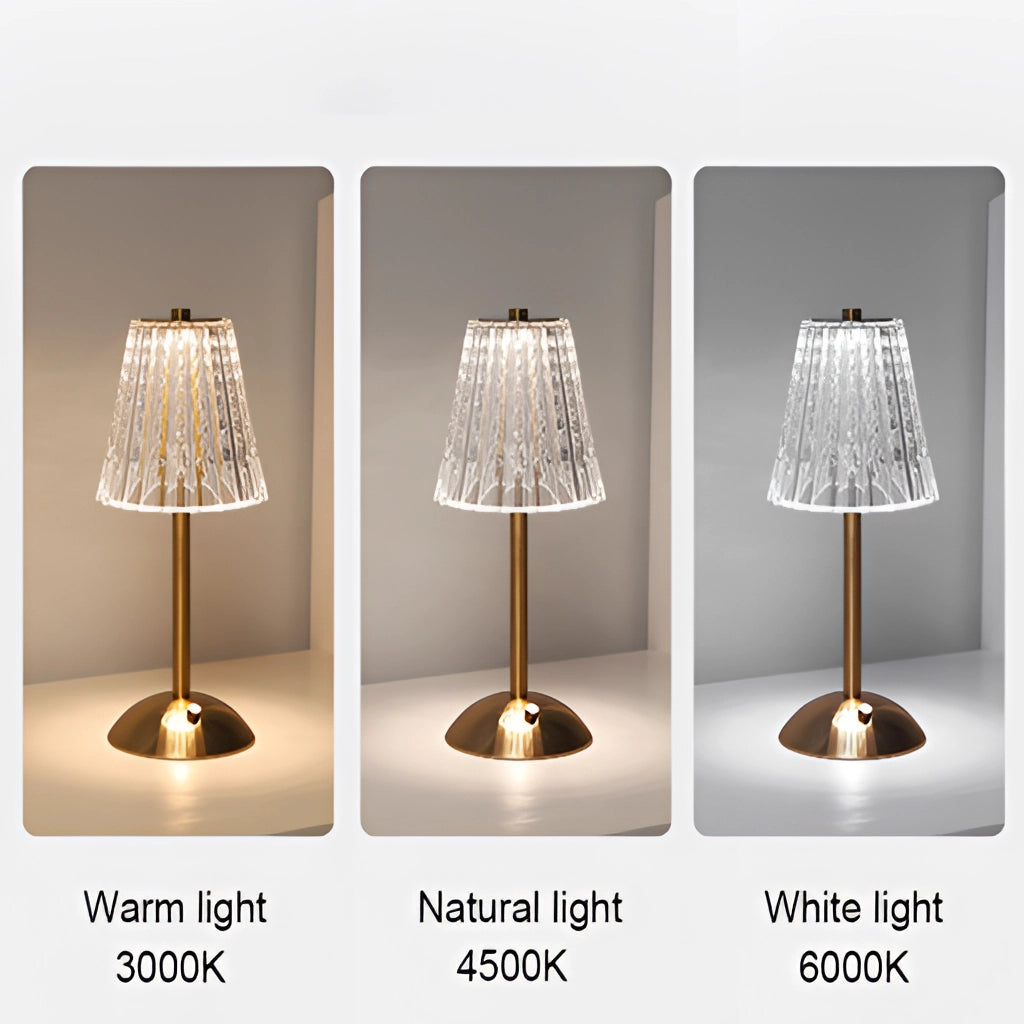 Cordless LED table lamp with tricolor dimmable settings placed on a wooden table against a wall, showcasing sleek modern design and soft ambient lighting.