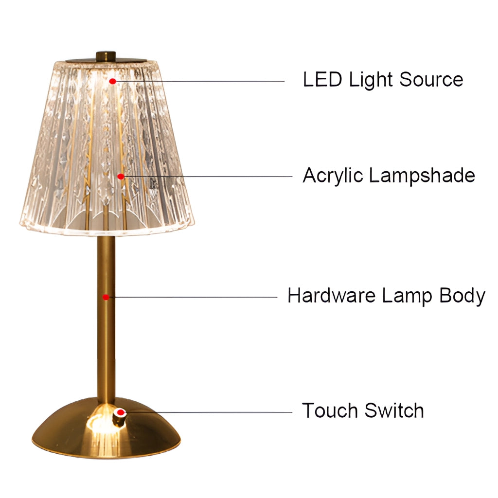 A tricolor dimmable cordless LED table lamp with a wooden base and a sleek lampshade, illuminating a stylish living space that includes a table, chair, and art decor elements.