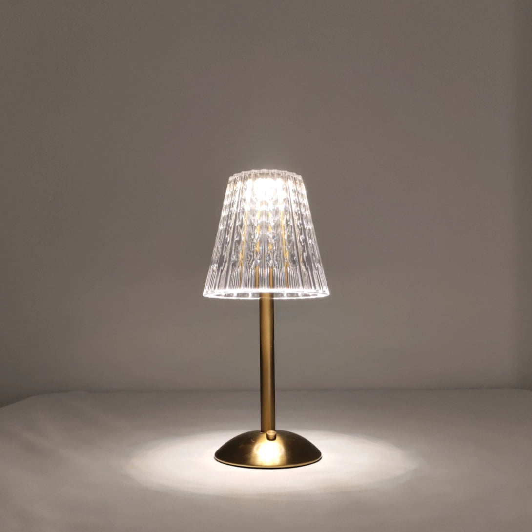 Modern tricolor dimmable cordless LED table lamp with a wooden base and circular metal lampshade, designed for captivating ambient lighting.