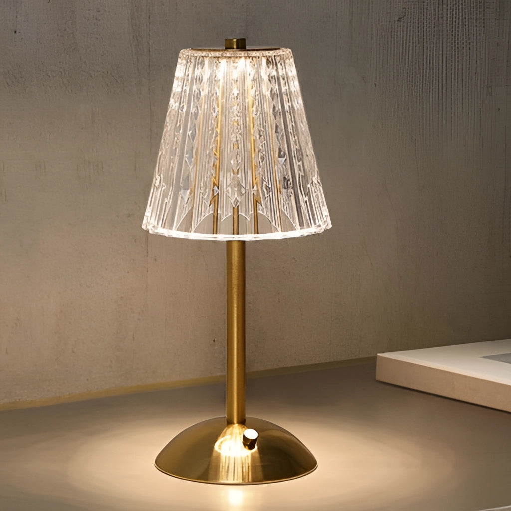 Modern white table lamp with tricolor dimmable LED lighting, featuring a sleek wooden base, captured in a stylish indoor setting with artistic decor and a potted plant.