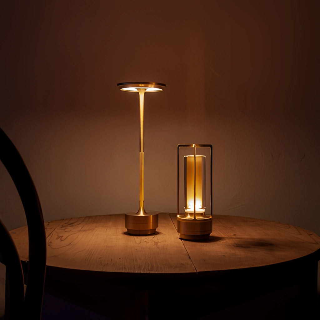 A masterfully crafted table lamp with dimming feature, showcasing a wooden base and cylindrical design, placed on a table in a well-designed interior setting.