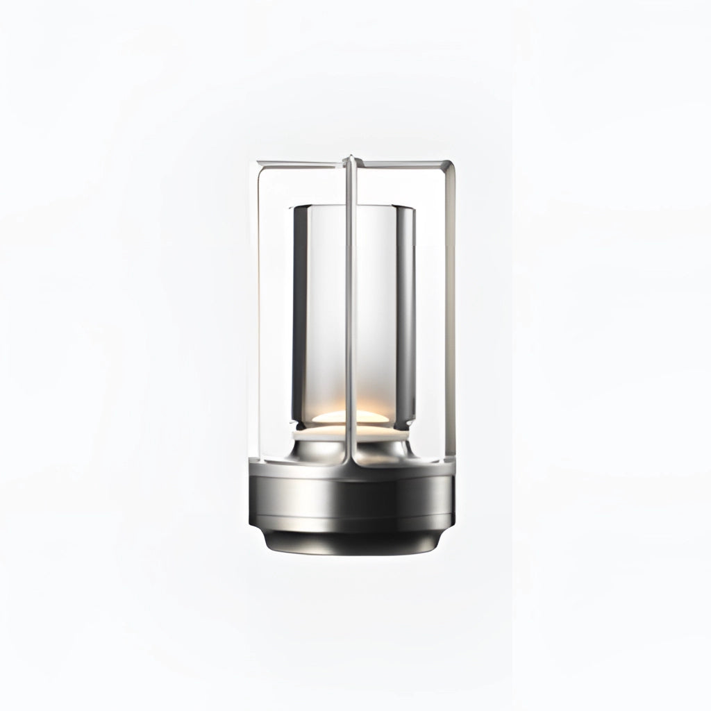 Silver table lamp with dimming feature, designed in a lantern style, showcasing masterful craftsmanship.