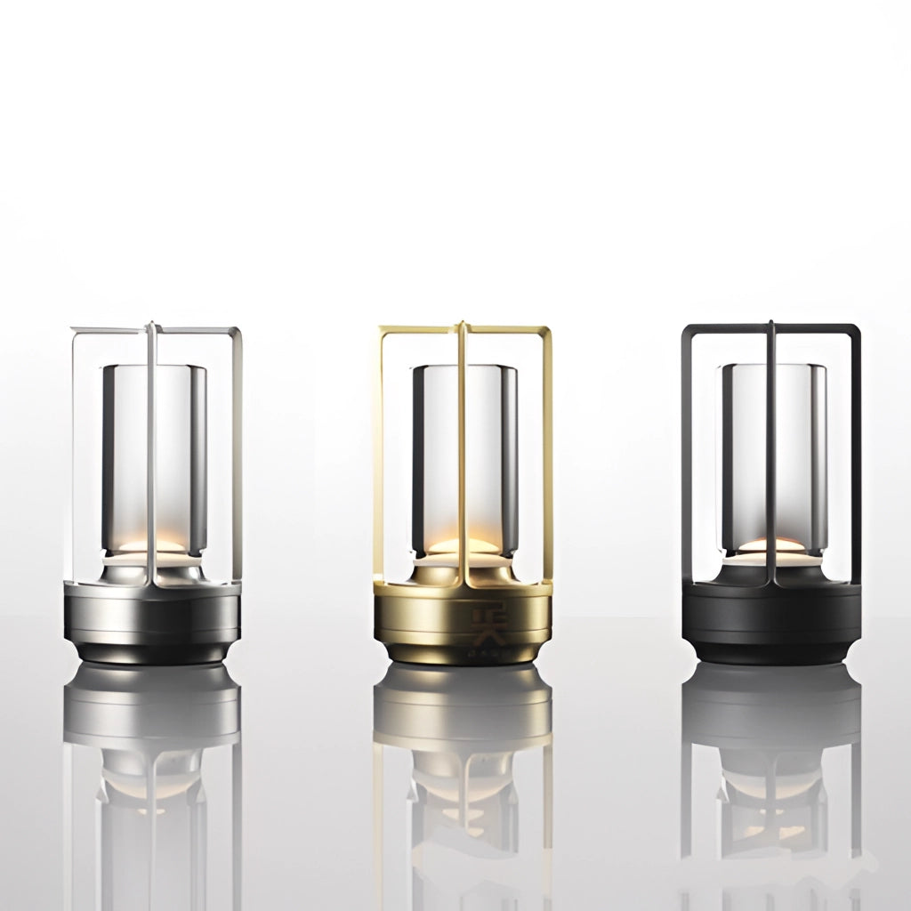 A stylish table lamp with a dimming feature, showcasing masterful craftsmanship, featuring a cylindrical base made of glass and metal.